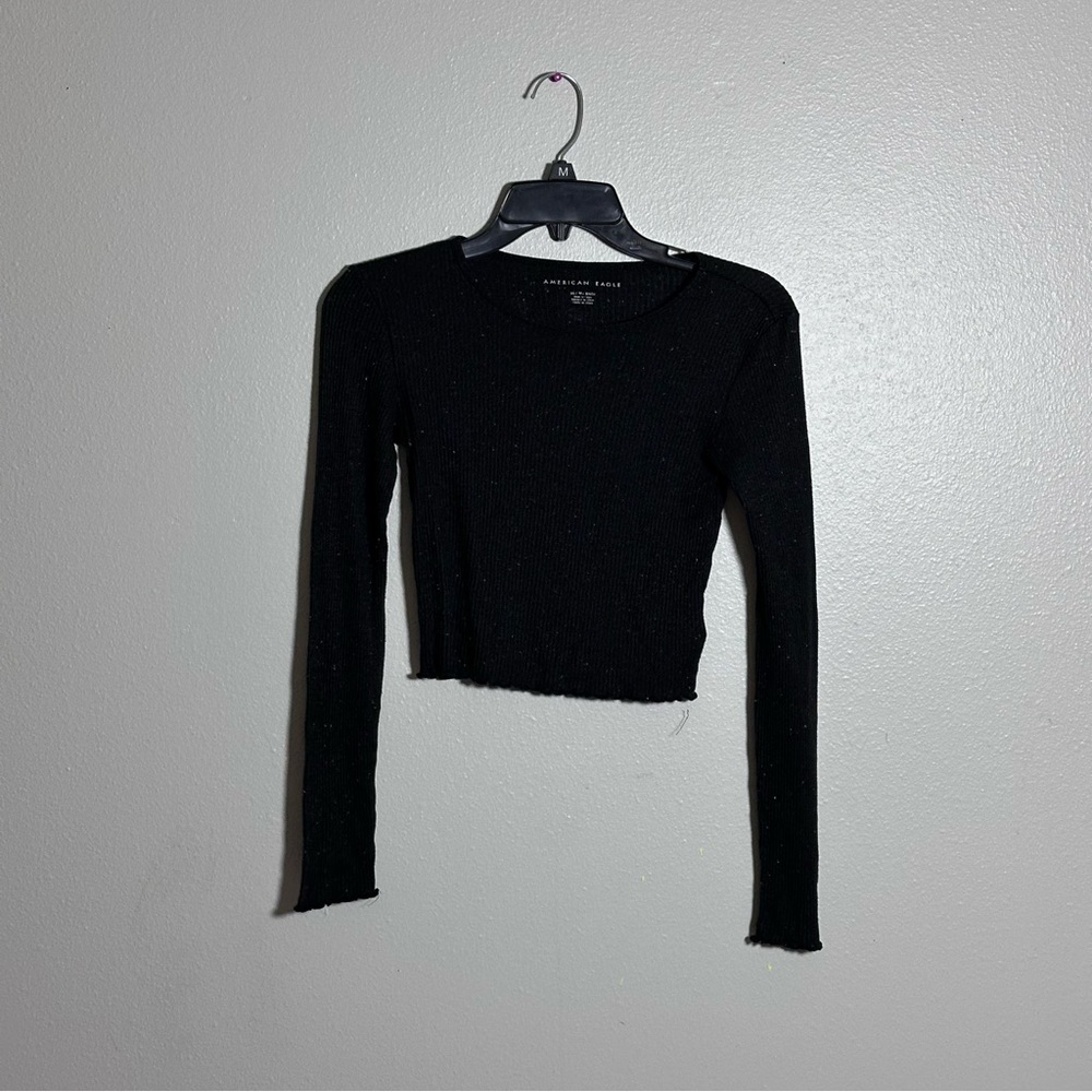 American Eagle Women Ribbed Gray/Black Long Sleeve Crop Top size XS